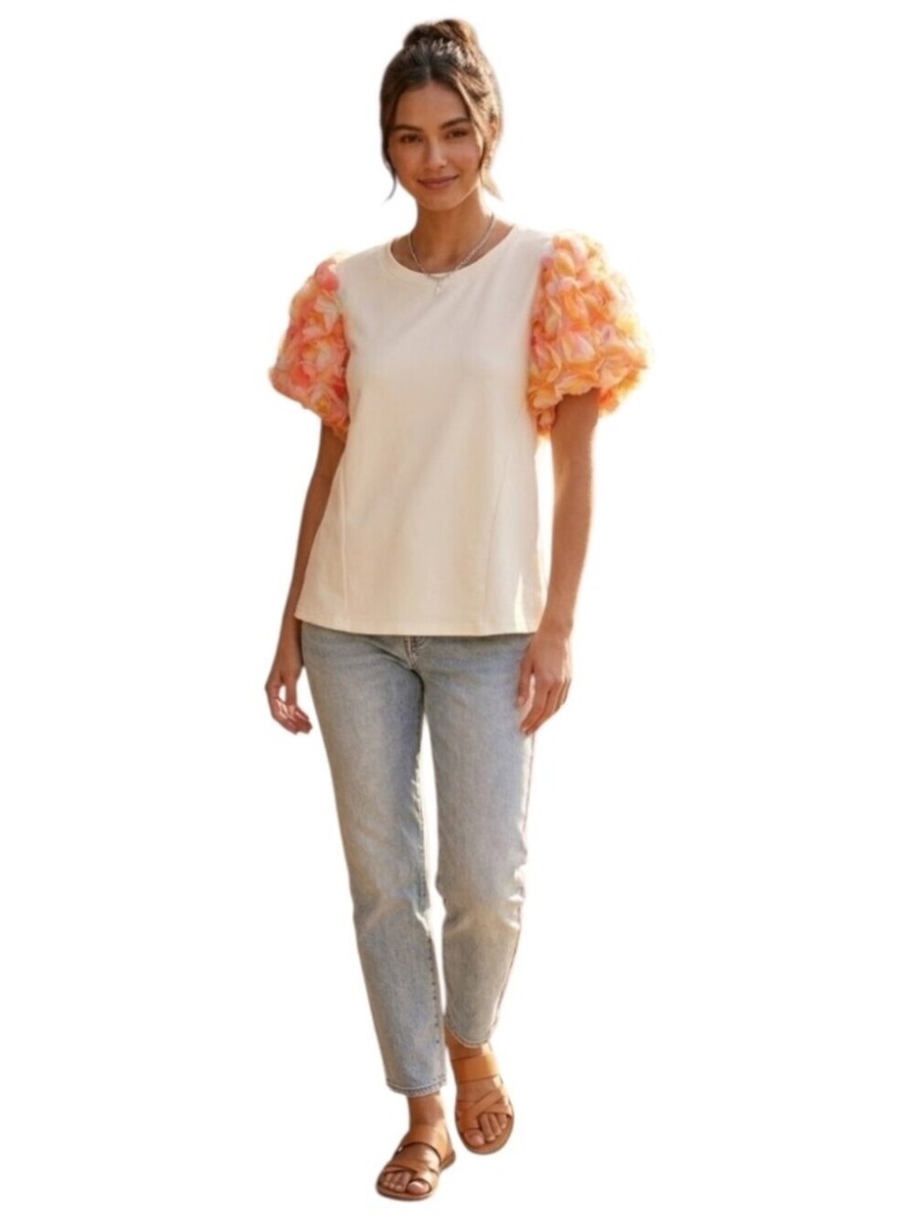 3D Flower Detail Tee with Pink-Orange Floral Puff Sleeves